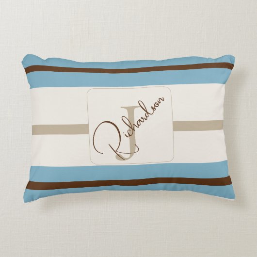 Personalized Blue Brown Stripe Monogram Coastal  アクセントクッション (正面)