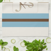 Personalized Blue Brown Stripe Monogram Coastal  キッチンタオル (折り畳み)