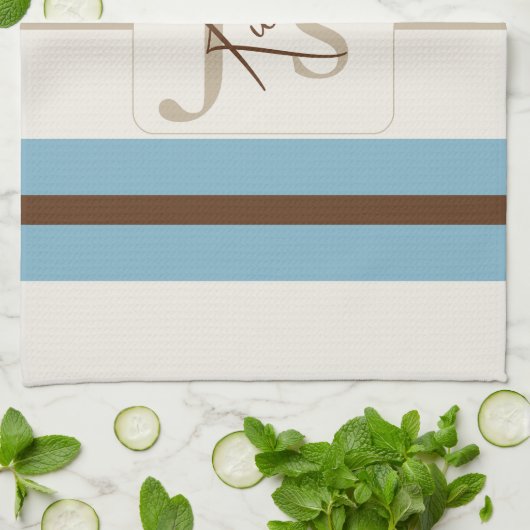 Personalized Blue Brown Stripe Monogram Coastal  キッチンタオル (折り畳み)