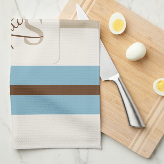 Personalized Blue Brown Stripe Monogram Coastal  キッチンタオル (四つ折り)