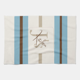 Personalized Blue Brown Stripe Monogram Coastal  キッチンタオル