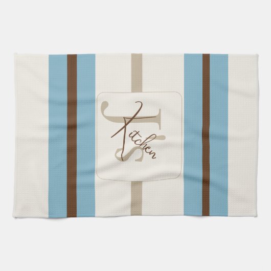 Personalized Blue Brown Stripe Monogram Coastal  キッチンタオル (横)