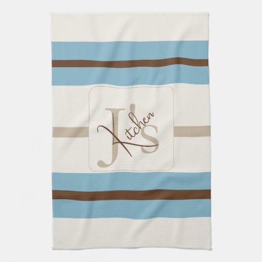 Personalized Blue Brown Stripe Monogram Coastal  キッチンタオル (縦)