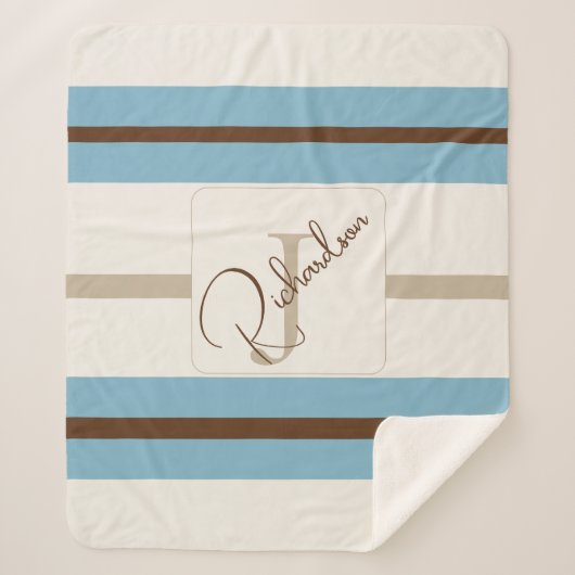 Personalized Blue Brown Stripe Monogram Coastal  シェルパブランケット (正面)