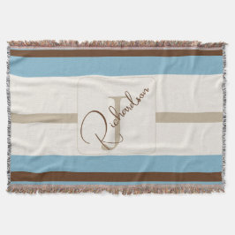Personalized Blue Brown Stripe Monogram Coastal  スローブランケット