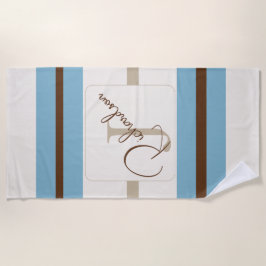 Personalized Blue Brown Stripe Monogram Coastal  ビーチタオル
