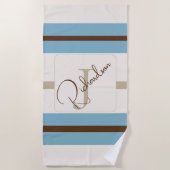 Personalized Blue Brown Stripe Monogram Coastal  ビーチタオル (正面)