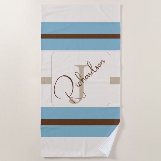 Personalized Blue Brown Stripe Monogram Coastal  ビーチタオル (正面)