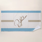 Personalized Blue Brown Stripe Monogram Coastal  ビーチタオル (正面)