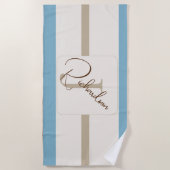 Personalized Blue Brown Stripe Monogram Coastal  ビーチタオル (正面)