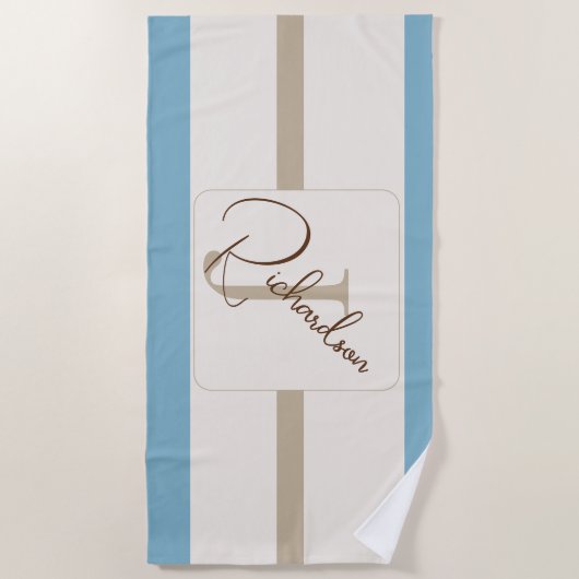 Personalized Blue Brown Stripe Monogram Coastal  ビーチタオル (正面)