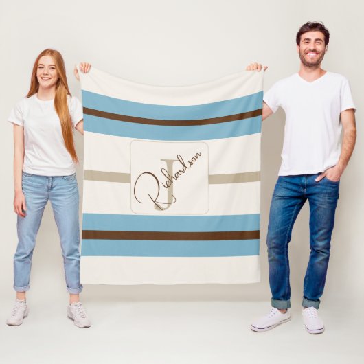 Personalized Blue Brown Stripe Monogram Coastal  フリースブランケット (インサイチュ)