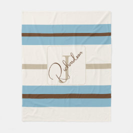 Personalized Blue Brown Stripe Monogram Coastal  フリースブランケット