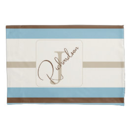 Personalized Blue Brown Stripe Monogram Coastal  枕カバー