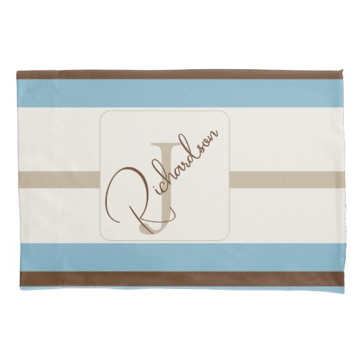 Personalized Blue Brown Stripe Monogram Coastal  枕カバー (正面)
