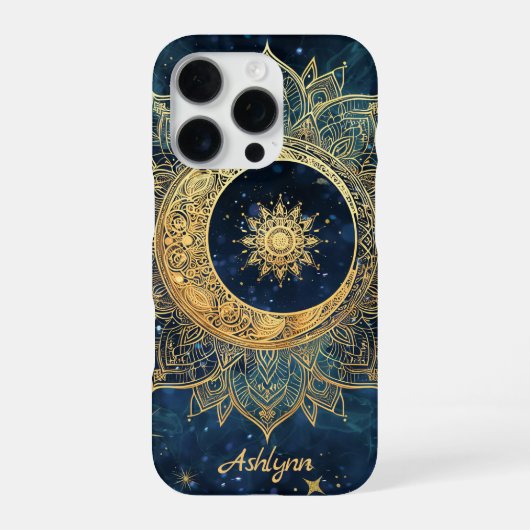 Personalized Blue Celestial Gold Sun Moon Mandala  iPhoneケース (裏面)