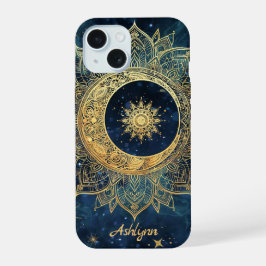 Personalized Blue Celestial Gold Sun Moon Mandala  iPhone 15ケース