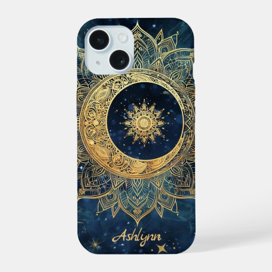 Personalized Blue Celestial Gold Sun Moon Mandala  iPhone 15ケース (裏面)