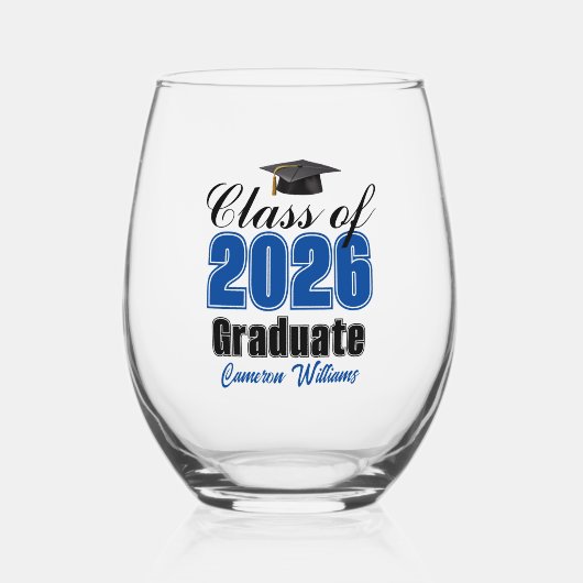 Personalized Blue Class of 2026 Graduation ステムなしワイングラス (正面)