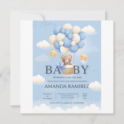 Personalized Blue & Cream Elephant Baby Shower セーブザデート (正面)