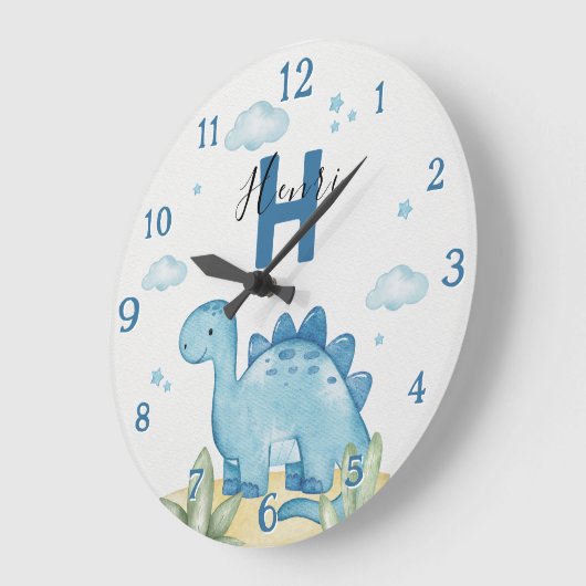 Personalized Blue Dinosaur Nursery Wall Clock ラージ壁時計 (傾斜)