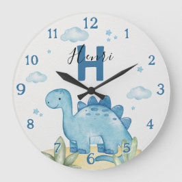 Personalized Blue Dinosaur Nursery Wall Clock ラージ壁時計