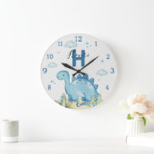 Personalized Blue Dinosaur Nursery Wall Clock ラージ壁時計 (ホーム)