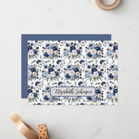 Personalized Blue Floral Botanical Note Card ノートカード (正面/裏面インサイチュ)