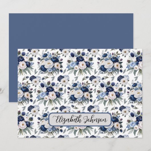 Personalized Blue Floral Botanical Note Card ノートカード (正面/裏面)