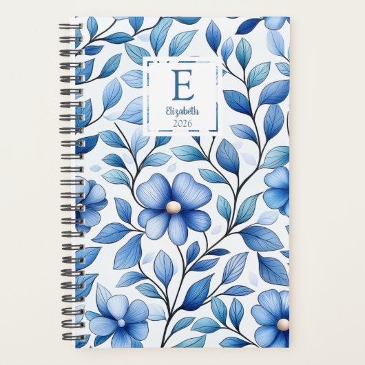Personalized Blue Floral Monthly & Weekly Planner プランナー手帳 (正面)