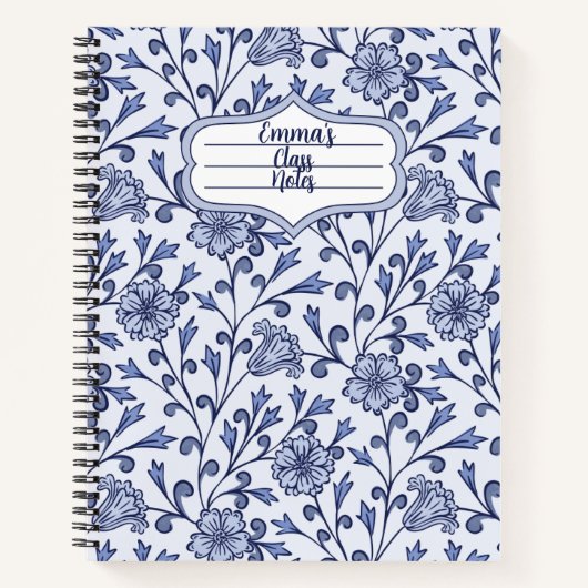 Personalized Blue Floral Spiral Notebook 8.5x11 ノートブック (正面)