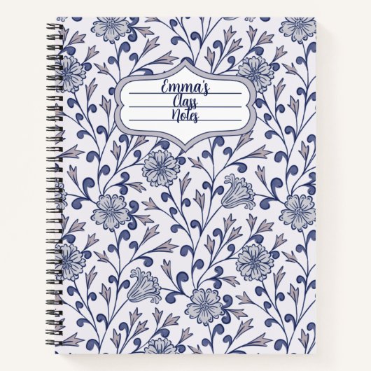 Personalized Blue Floral Spiral Notebook 8.5x11 ノートブック (正面)