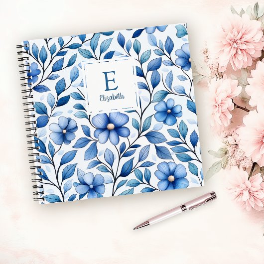 Personalized Blue Floral Square Notebook ノートブック