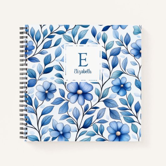 Personalized Blue Floral Square Notebook ノートブック (正面)