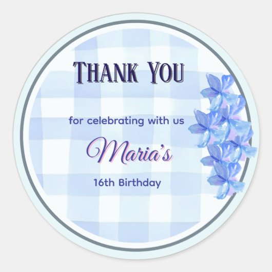 Personalized Blue Floral Thank You Sticker | Bday ラウンドシール (正面)