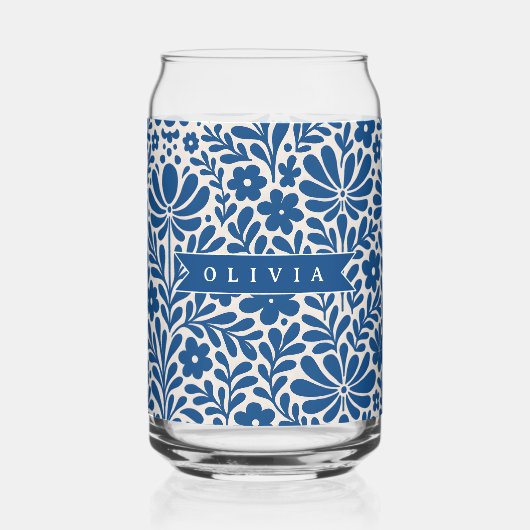 Personalized Blue Folk Floral Nordic Custom ガラス缶 (正面)