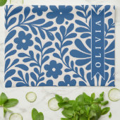 Personalized Blue Folk Floral Nordic Custom キッチンタオル (折り畳み)