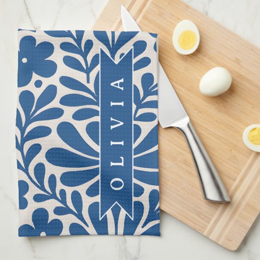 Personalized Blue Folk Floral Nordic Custom キッチンタオル (四つ折り)