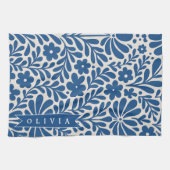 Personalized Blue Folk Floral Nordic Custom キッチンタオル (横)