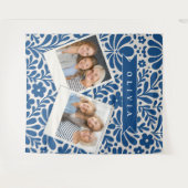 Personalized Blue Folk Floral Nordic Custom タペストリー (正面(横))