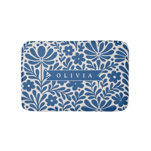 Personalized Blue Folk Floral Nordic Custom バスマット (正面)