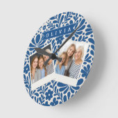 Personalized Blue Folk Floral Nordic Custom ラウンド壁時計 (傾斜)