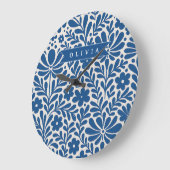 Personalized Blue Folk Floral Nordic Custom ラージ壁時計 (傾斜)