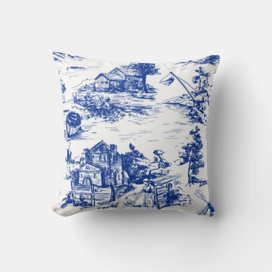 Personalized Blue French Toile  クッション (正面)
