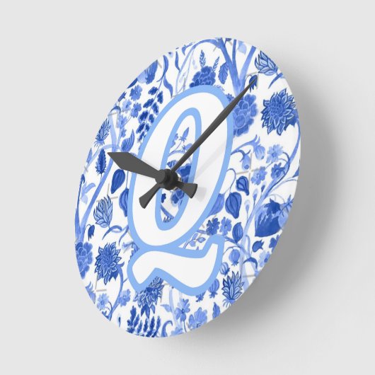 Personalized Blue French Toile Q ラウンド壁時計 (傾斜)