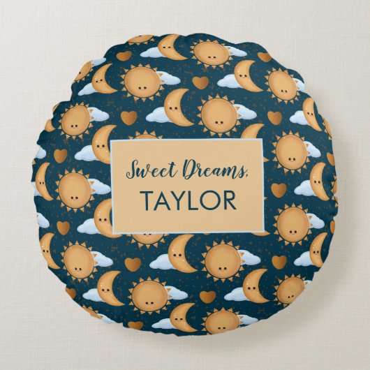 Personalized Blue Gold Sun Moon Sweet Dreams Name ラウンドクッション (正面)