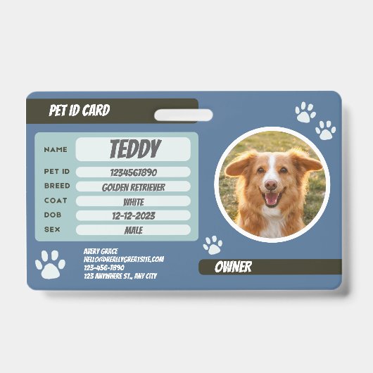 Personalized Blue Green Dog Photo ID Badge バッジ (正面)