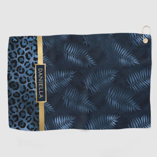 Personalized Blue Leopard Print Tropical Floral ゴルフタオル (横)