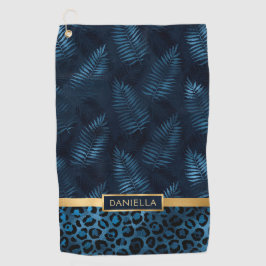 Personalized Blue Leopard Print Tropical Floral ゴルフタオル