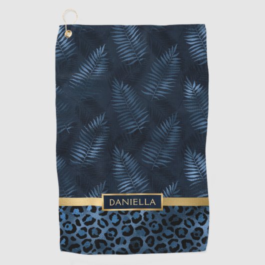 Personalized Blue Leopard Print Tropical Floral ゴルフタオル (正面)